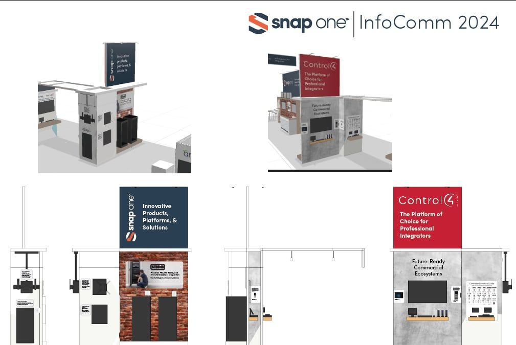 Design board with Snap One InfoComm 2024 wall elevations, including a Control4 wall