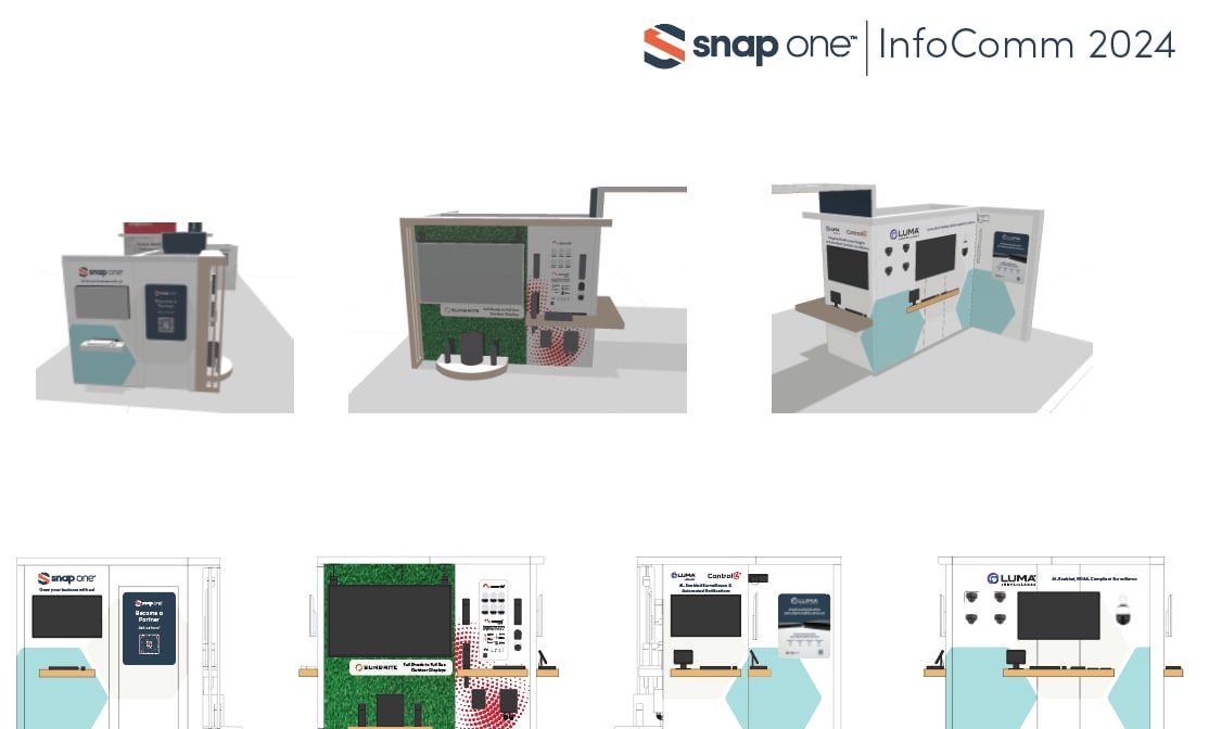 Design board with 3D views and elevations of each booth wall