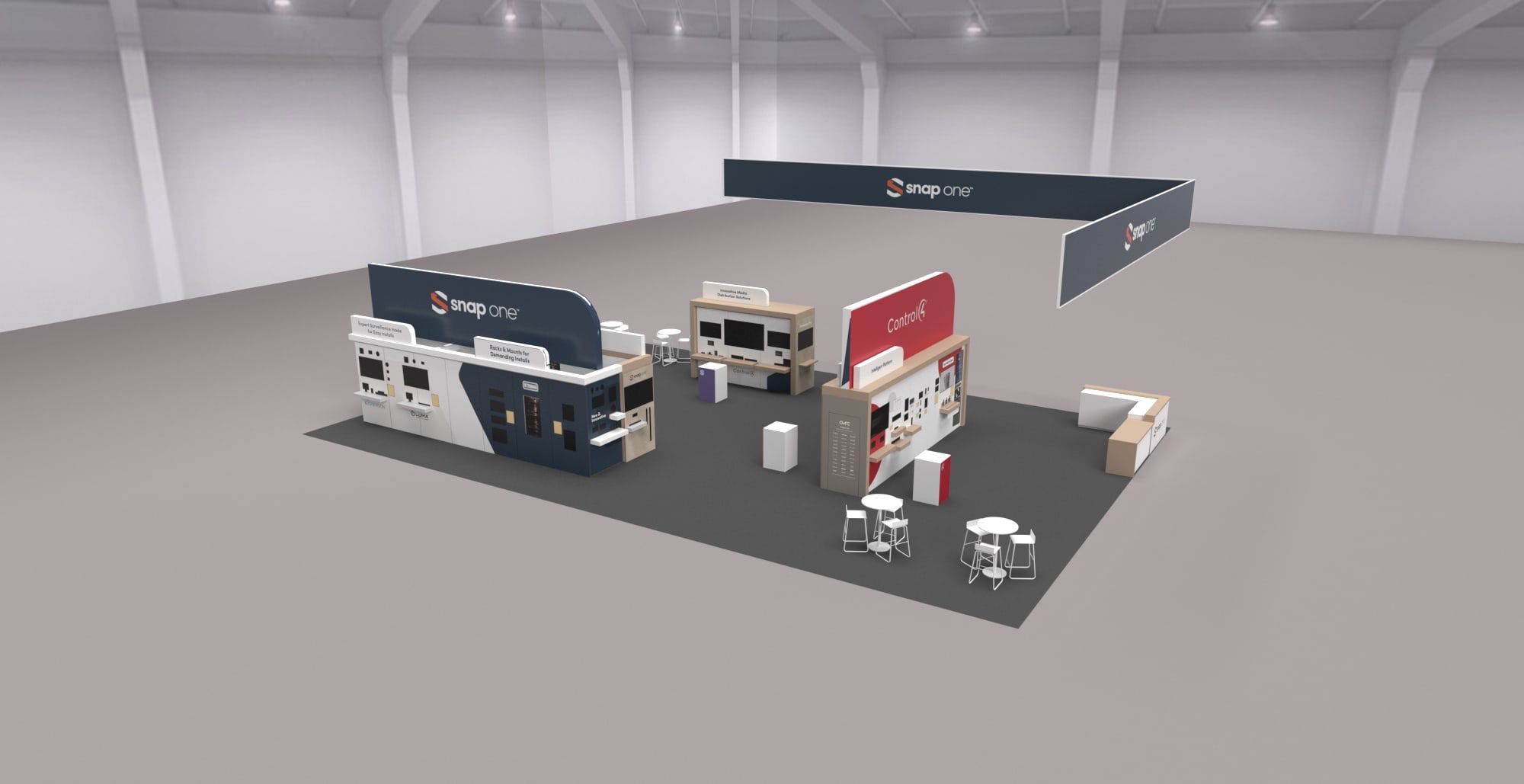 3D rendering of the Snap One ISE 2023 booth from a front corner