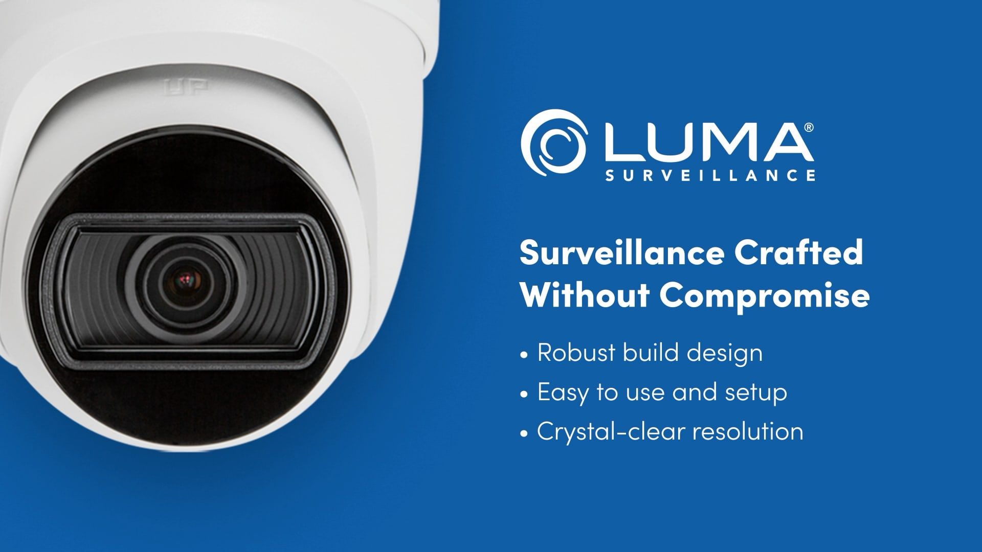 Frame from a Luma in-store digital signage animation: "Surveillance Crafted Without Compromise" with security cameras (3 of 3)
