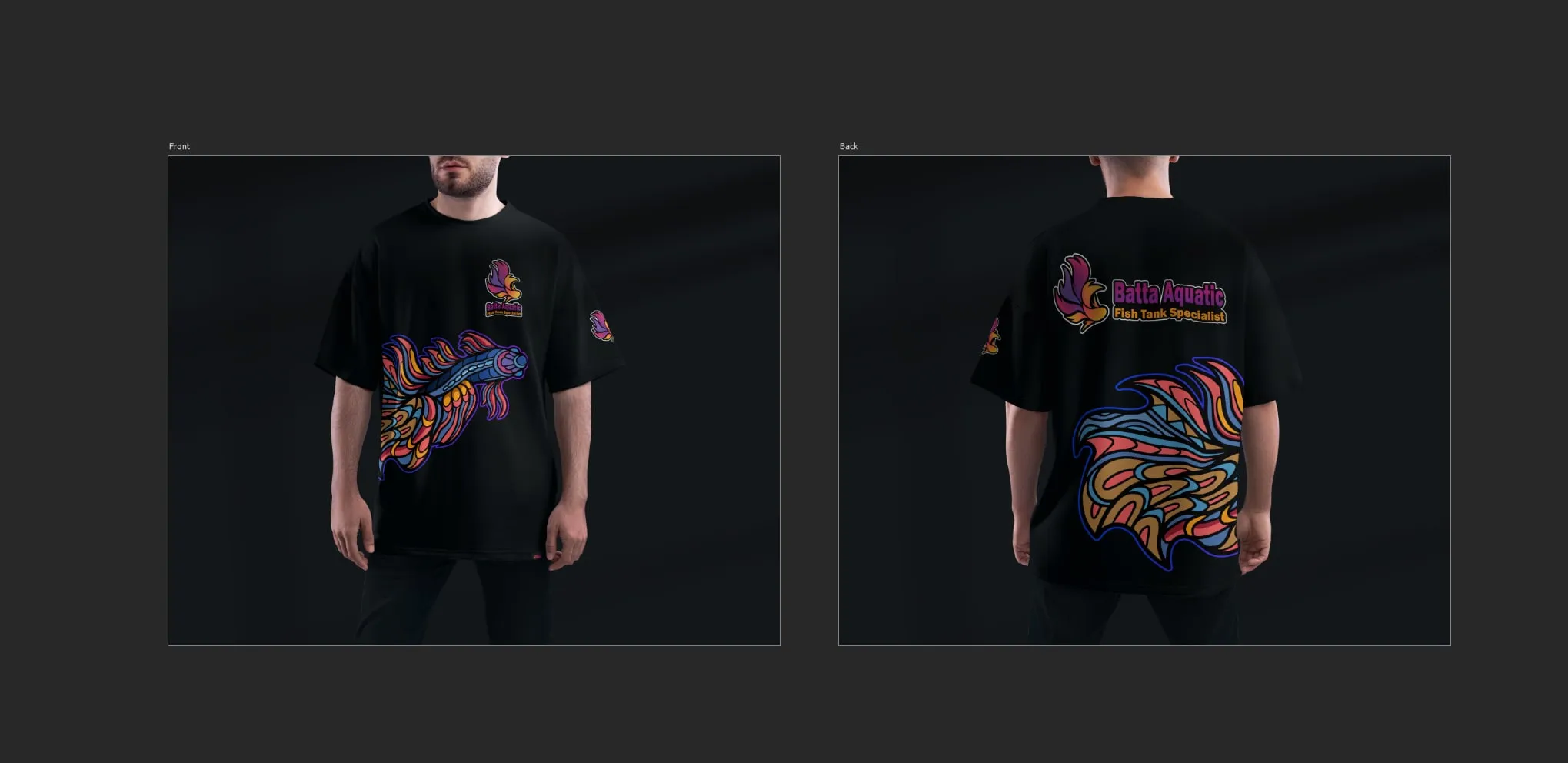 Front and back of a black T-shirt with a fish graphic