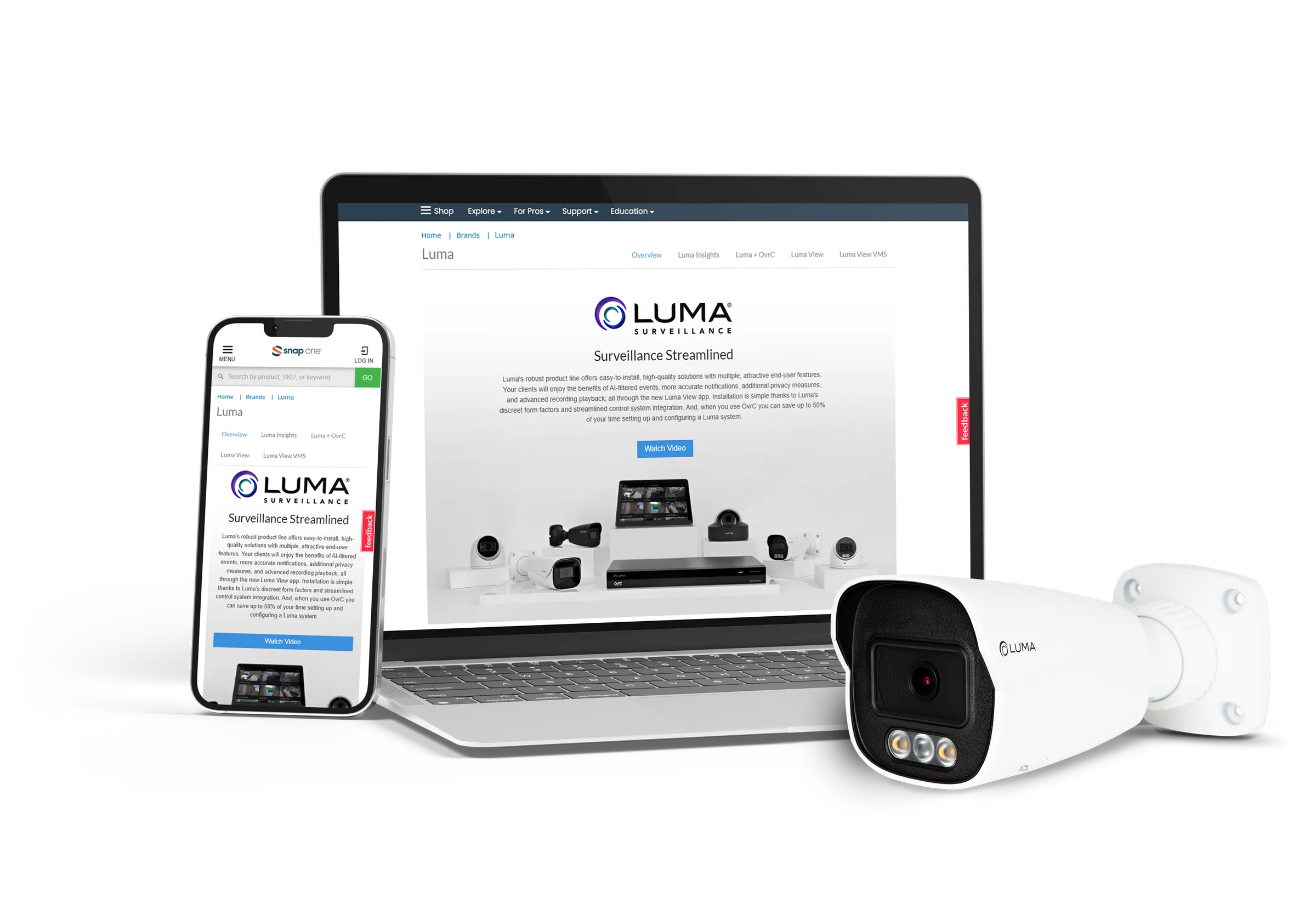 Luma brand page shown on a laptop and phone beside a Luma security camera