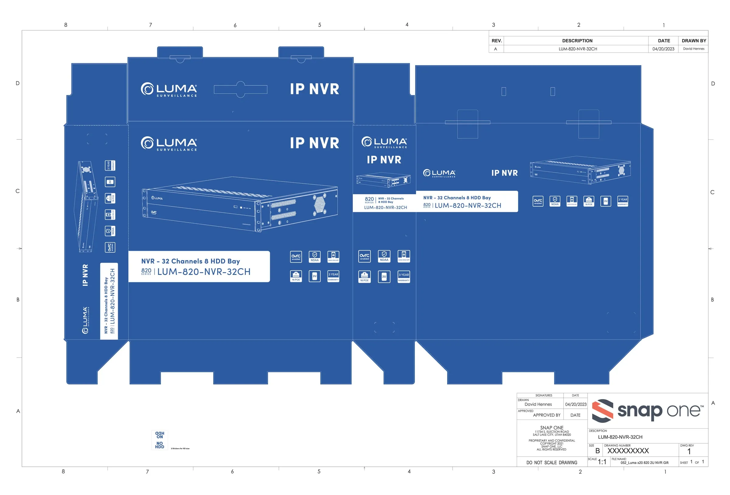 Flat dieline for the blue Luma NVR box showing every panel (2 of 3)