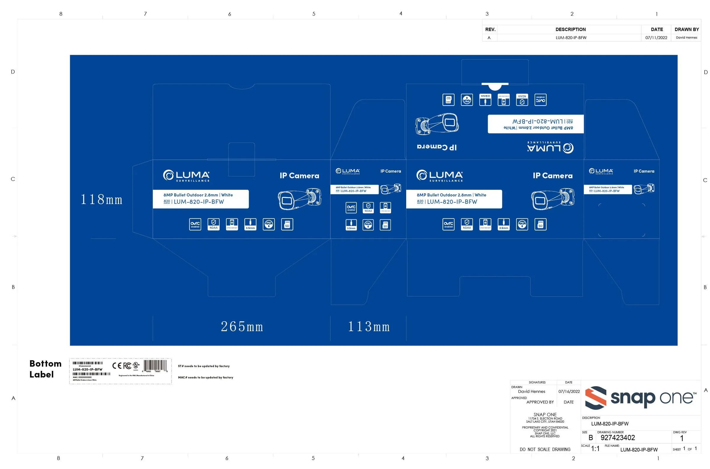 Flat dieline for a long blue Luma box
