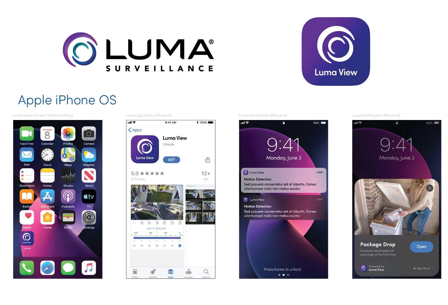New Luma View icon shown on iPhone home screen, App Store, and notification screens