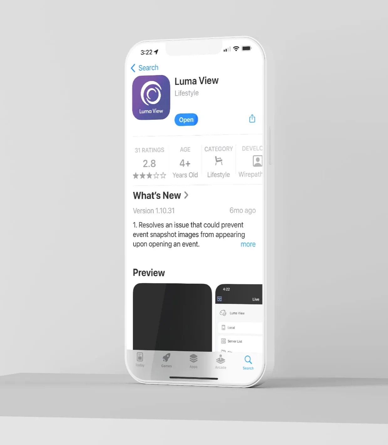 App Store page for Luma View on an iPhone mockup