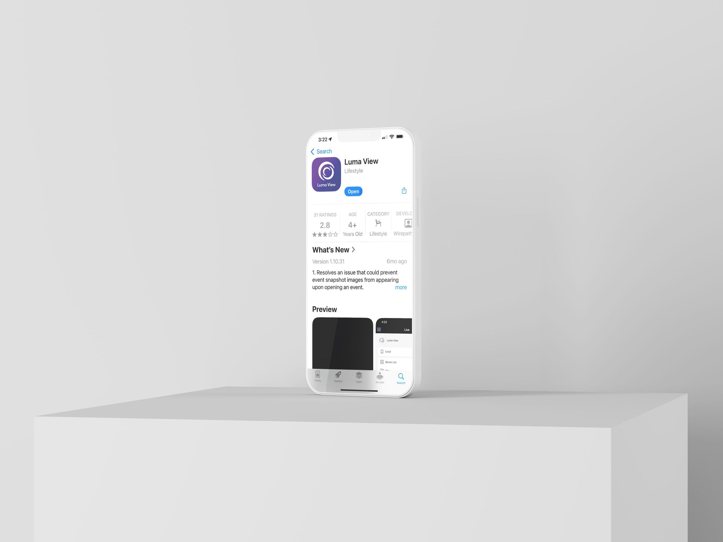 iPhone on a pedestal showing the Luma View App Store page