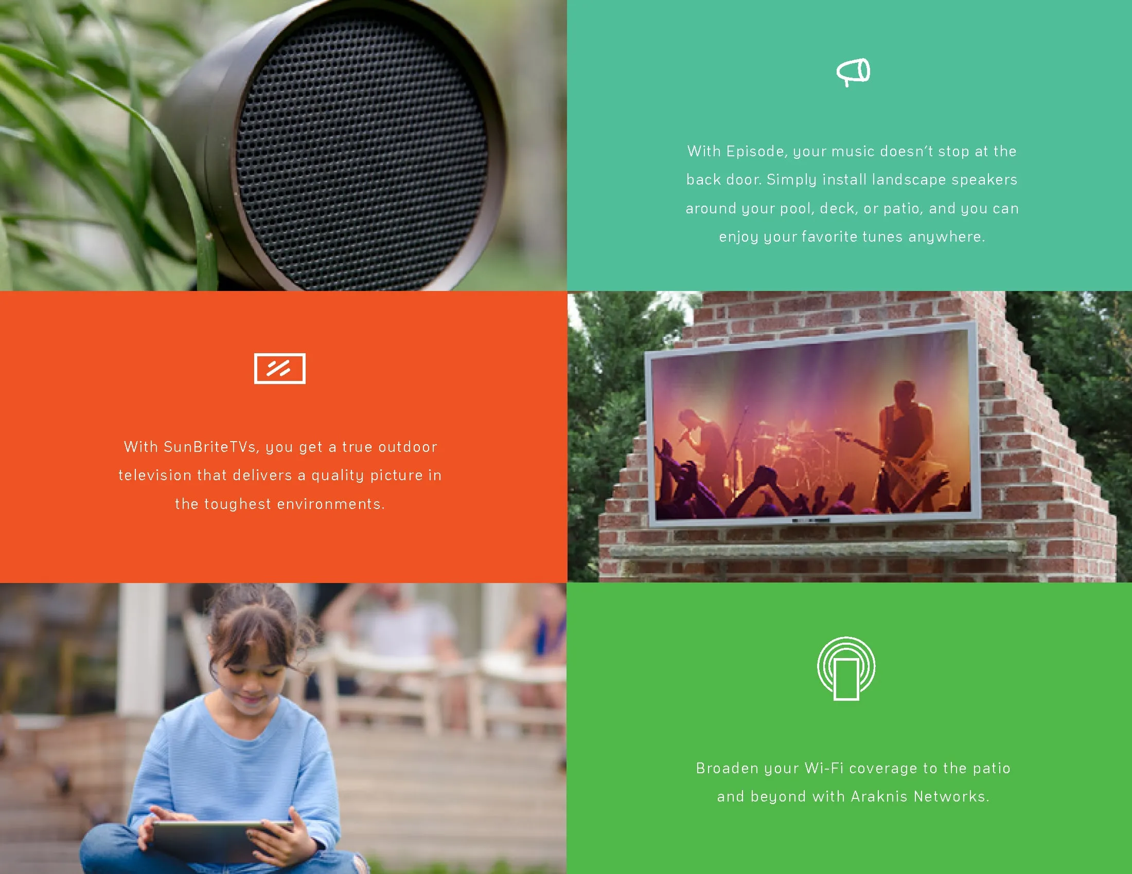 Brochure spread introducing outdoor audio, video, and networking