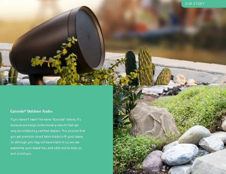 Brochure page with an Episode landscape speaker among garden plants