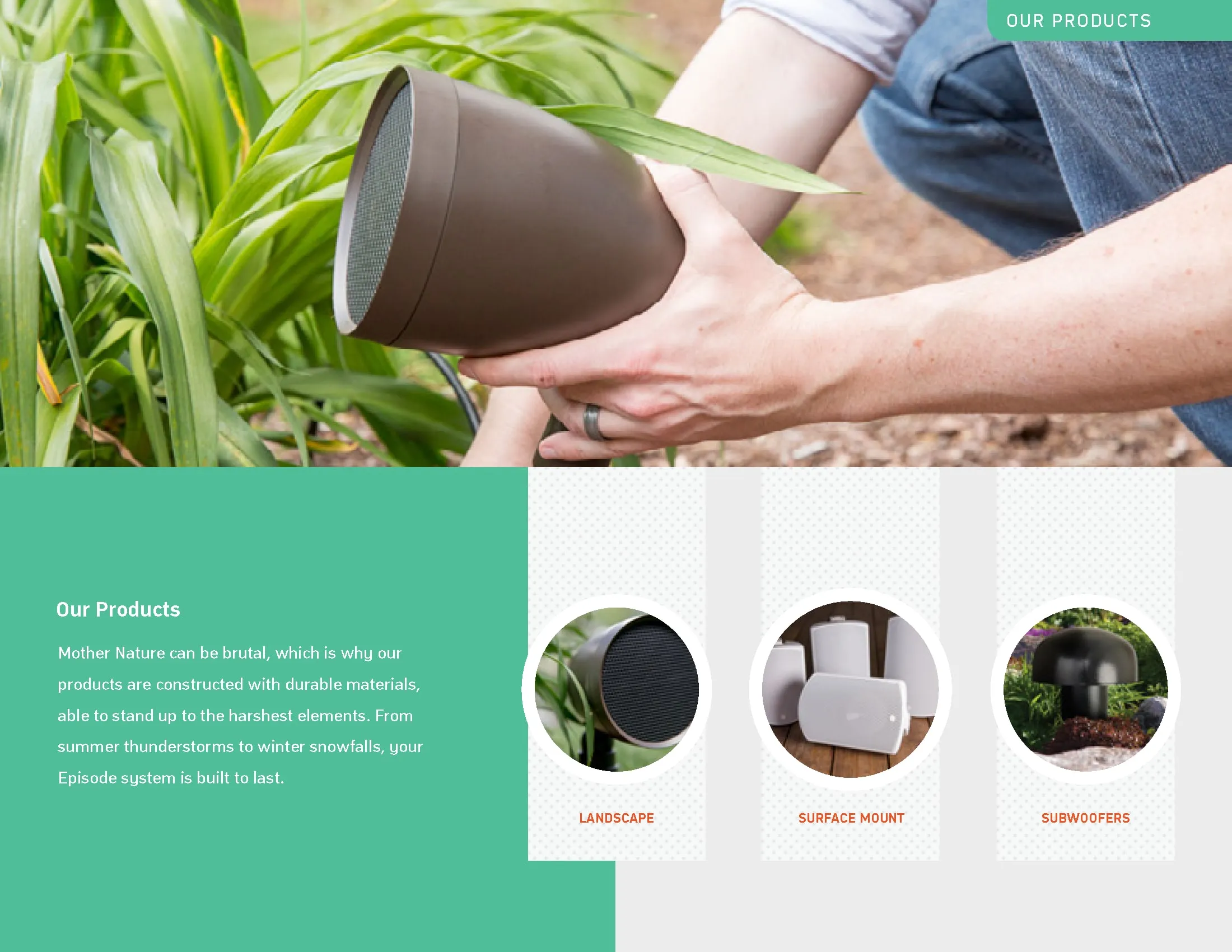 Brochure page showing hands placing a landscape speaker in a garden