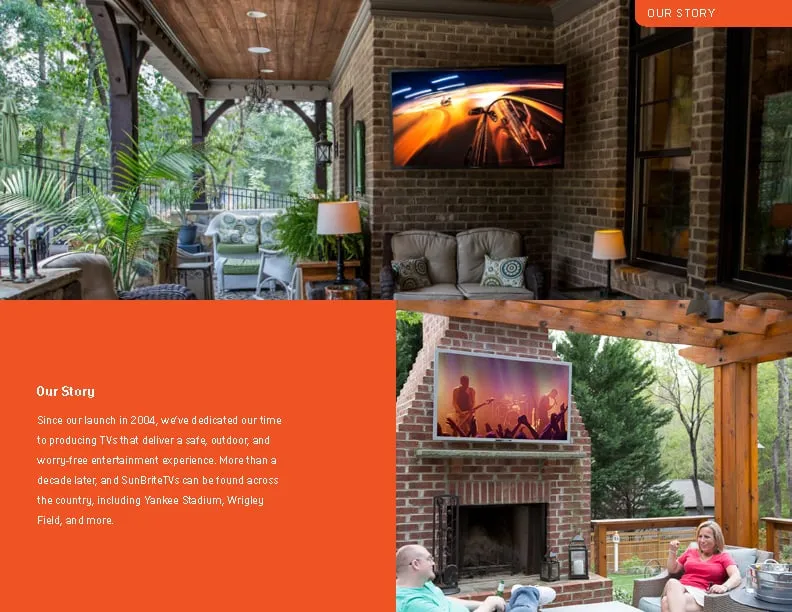Brochure spread: SunBrite TVs on a covered patio and by a fireplace