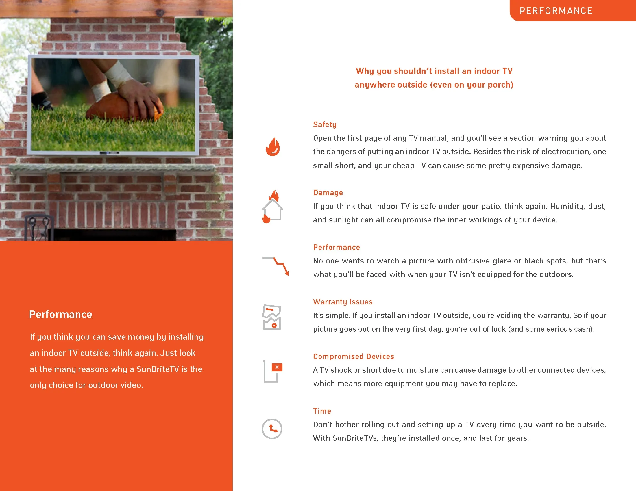 Brochure page on why outdoor TVs outperform indoor TVs outside