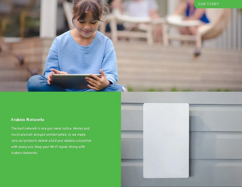 Brochure page: child using a tablet on outdoor steps, with an outdoor access point