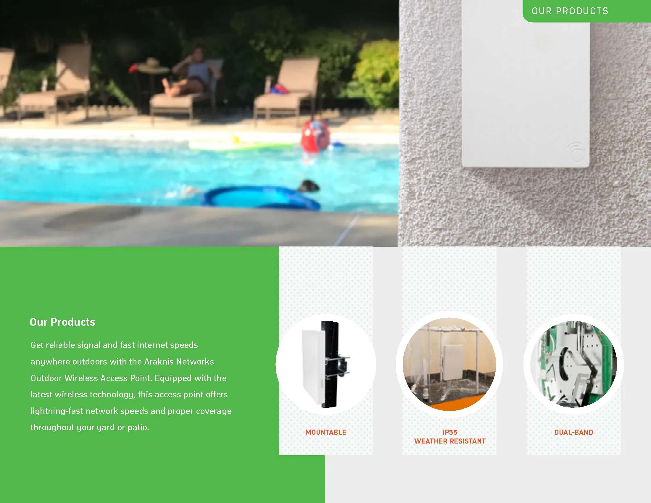 Brochure spread showing Araknis outdoor products