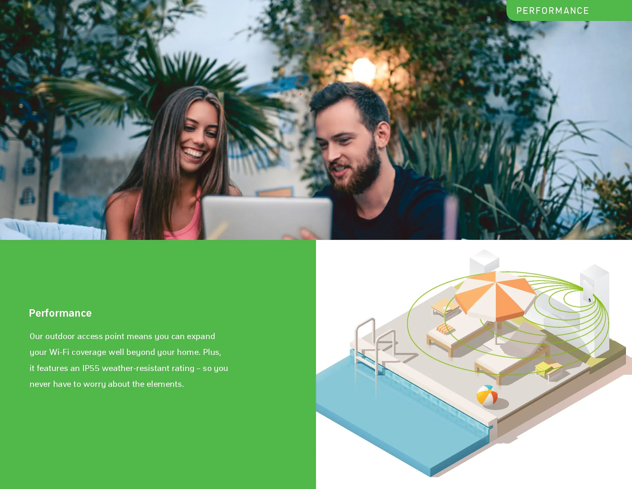 Brochure spread on outdoor Wi-Fi coverage with a backyard illustration