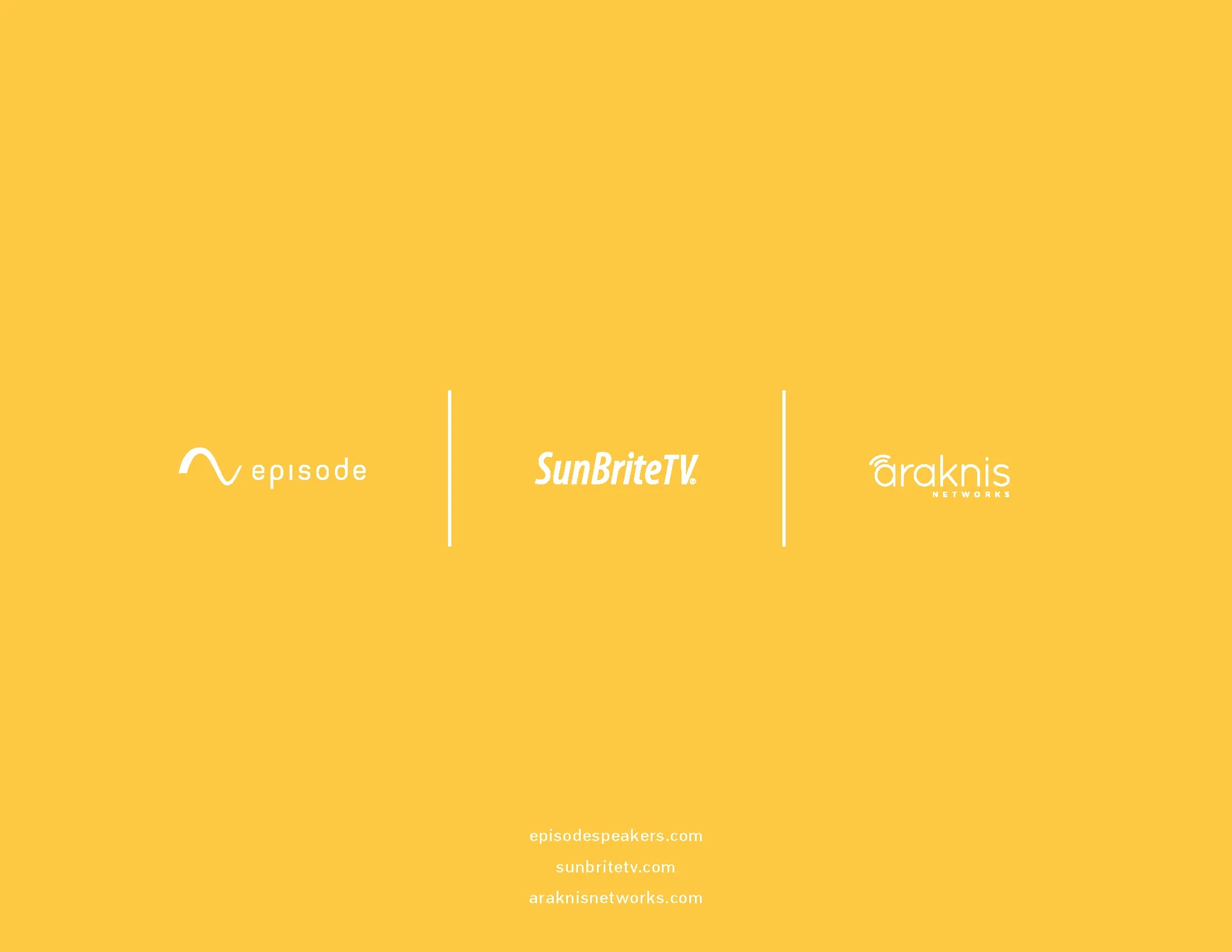 Brochure back cover with Episode, SunBrite, and Araknis logos on yellow