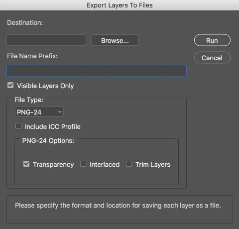 Photoshop "Export Layers To Files" dialog with PNG-24 and transparency settings