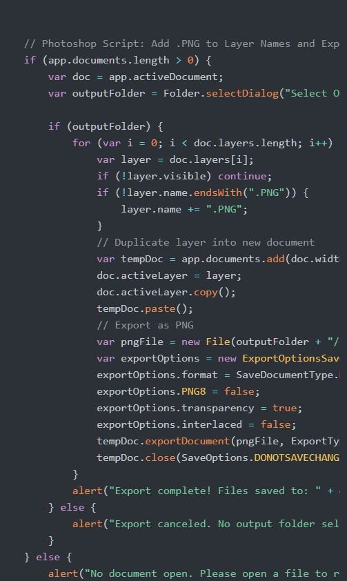 The custom Photoshop script that adds .PNG to layer names and exports each layer