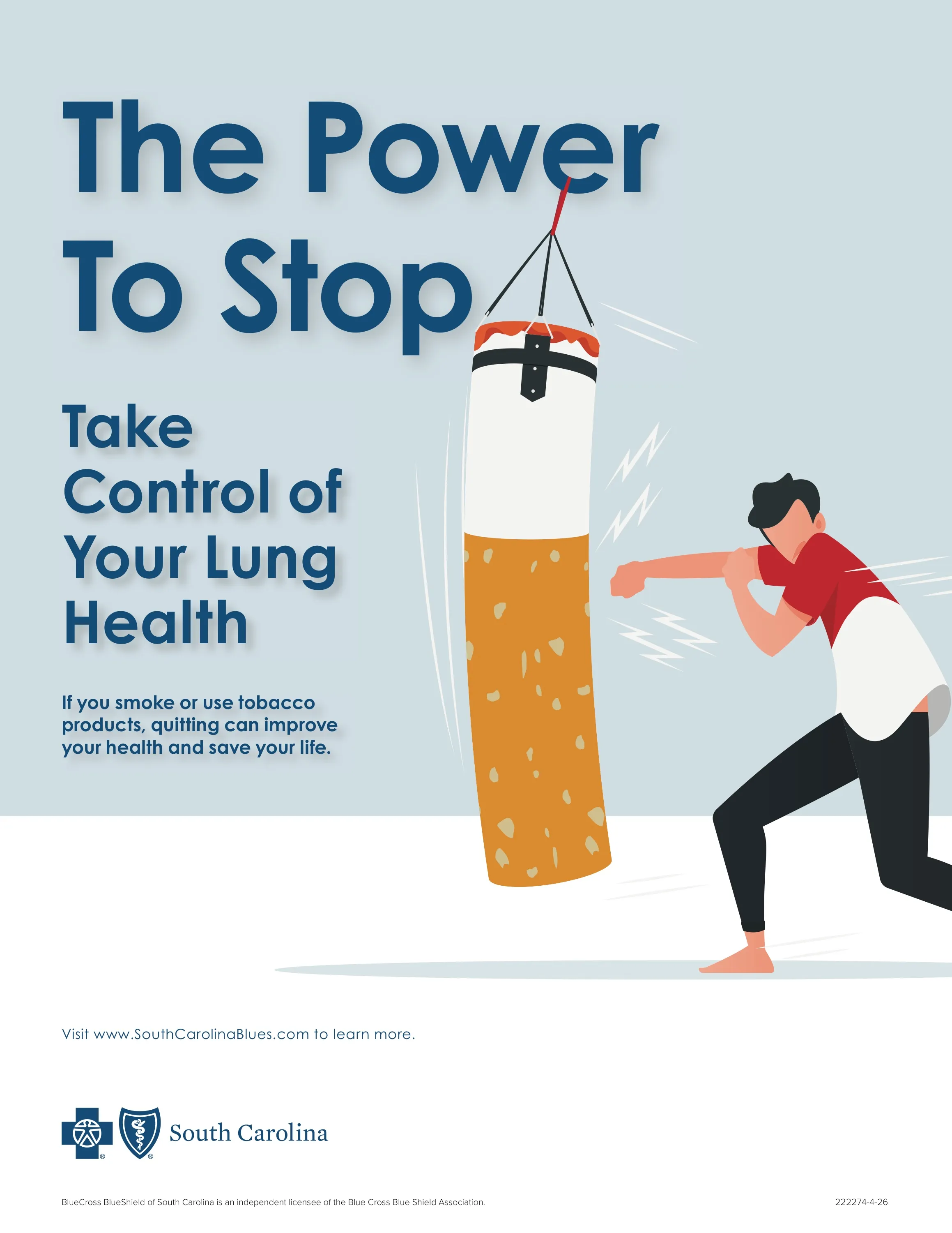 A second version of the "The Power To Stop" flyer, with the man punching the cigarette punching bag and a shorter web address line at the bottom
