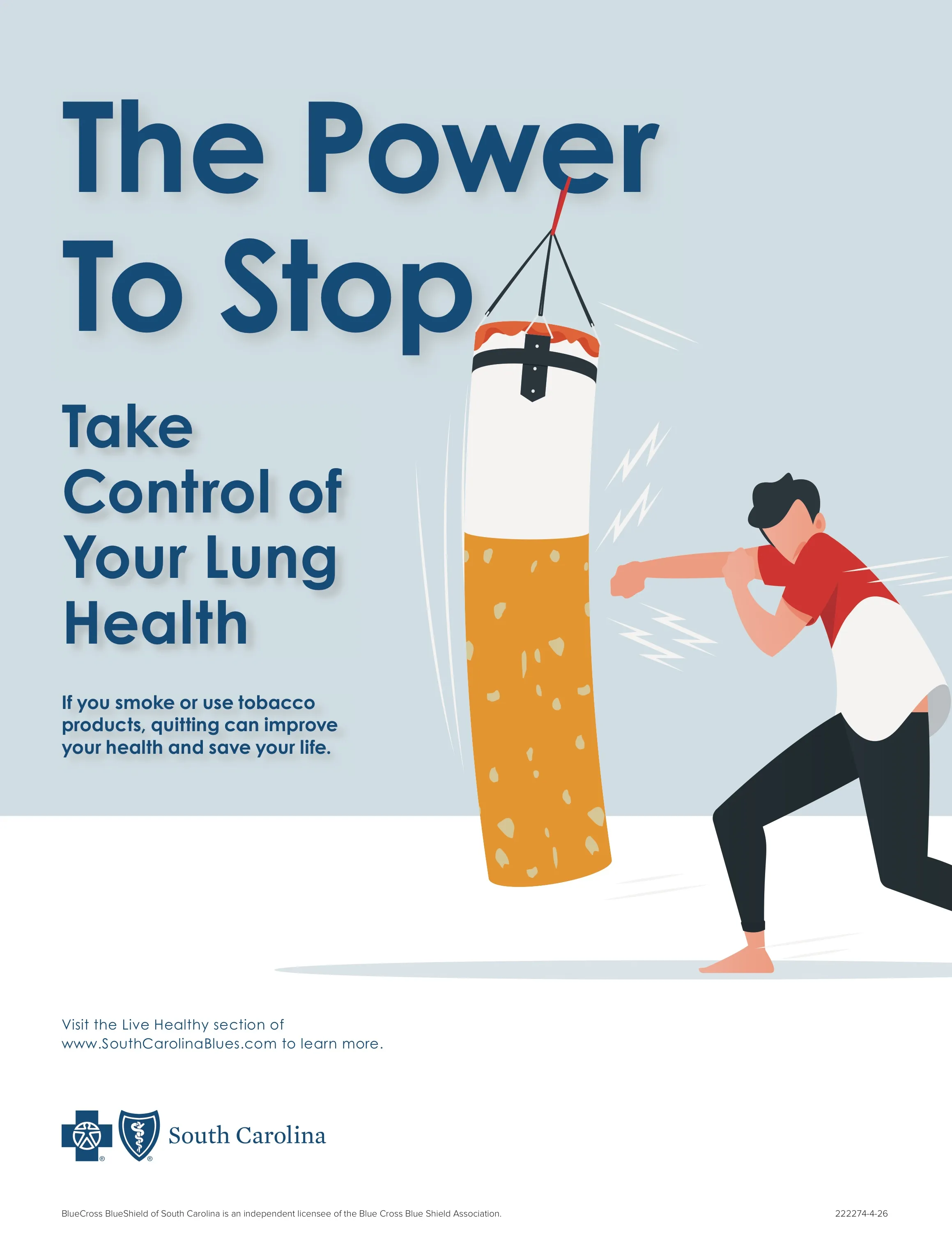 Flyer: "The Power To Stop. Take Control of Your Lung Health." A man in a red shirt punches a punching bag shaped like a giant cigarette. Below: "If you smoke or use tobacco products, quitting can improve your health and save your life."