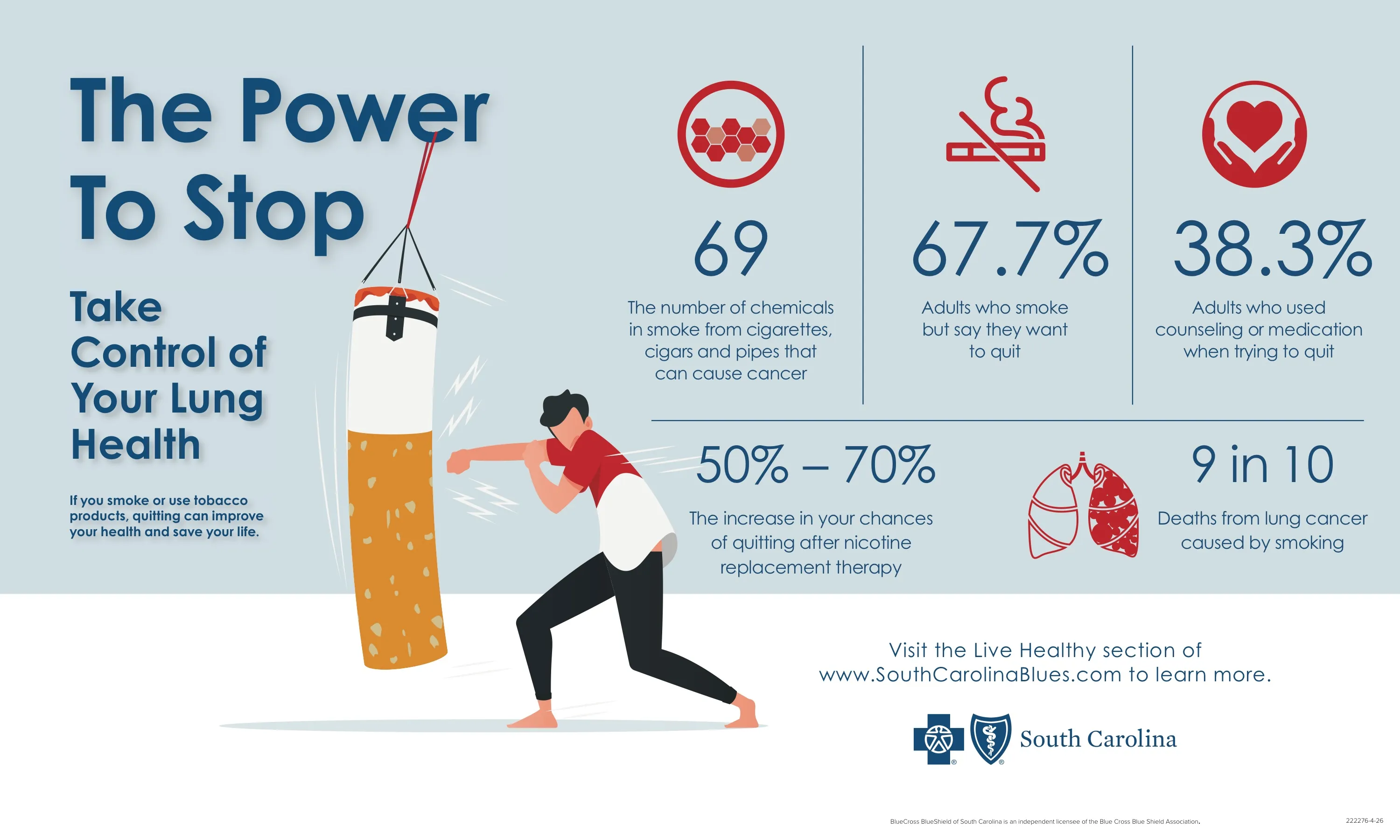 Infographic: "The Power To Stop" with the punching bag illustration beside red icons and facts: 69 cancer-causing chemicals in smoke, 67.7% of adults who smoke want to quit, 38.3% used counseling or medication, 50% to 70% better odds with nicotine replacement, and 9 in 10 lung cancer deaths caused by smoking