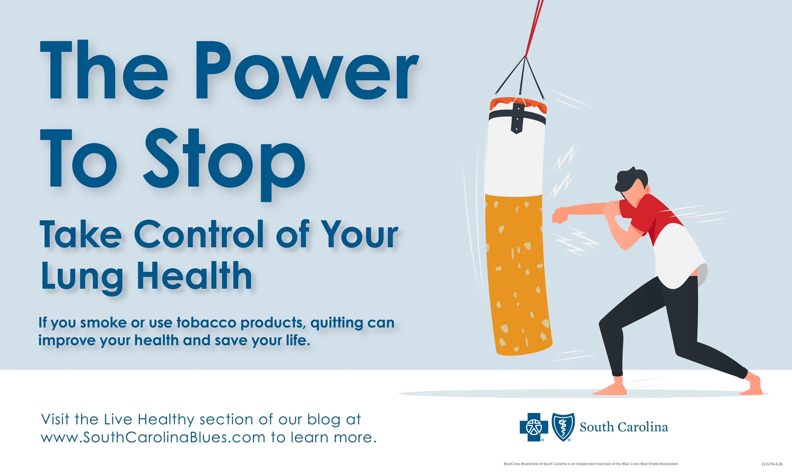 Widescreen version of "The Power To Stop. Take Control of Your Lung Health." with the headline on the left and the man punching the cigarette punching bag on the right