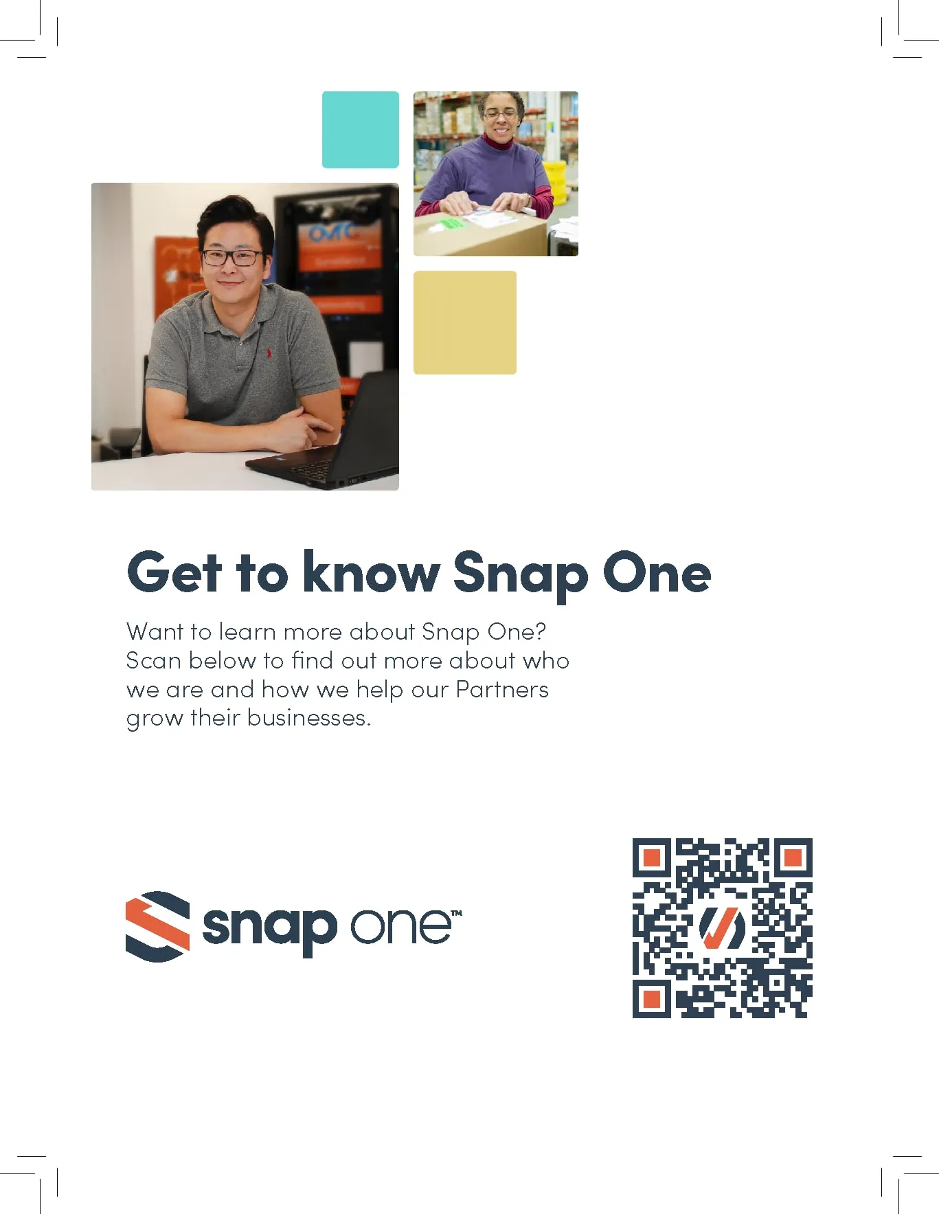 "Get to know Snap One" flyer with a staff photo and QR code