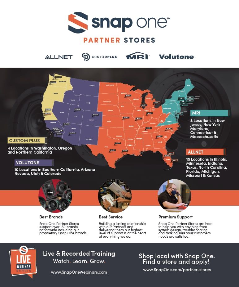Snap One partner stores flyer with a U.S. map of locations