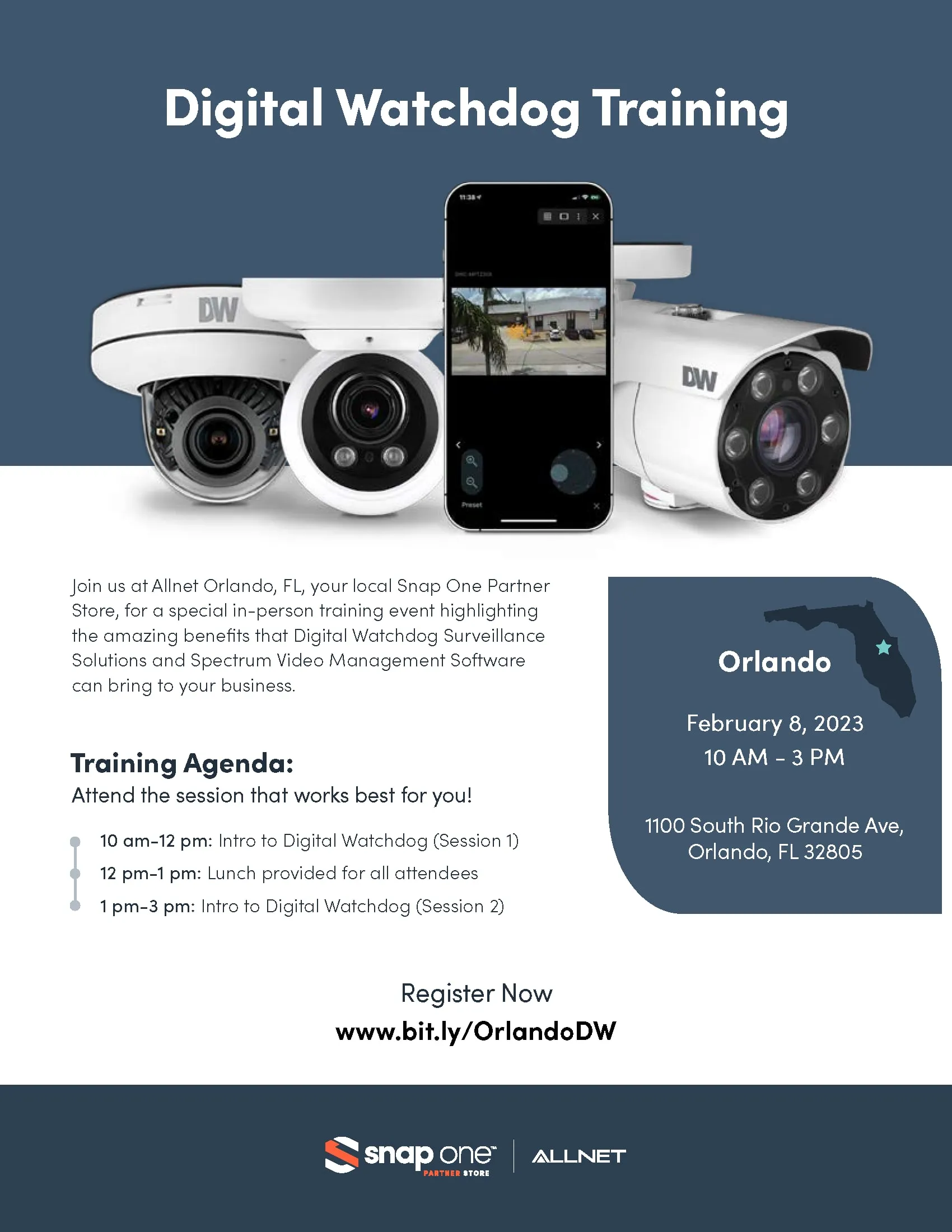 Digital Watchdog training flyer with cameras and event details