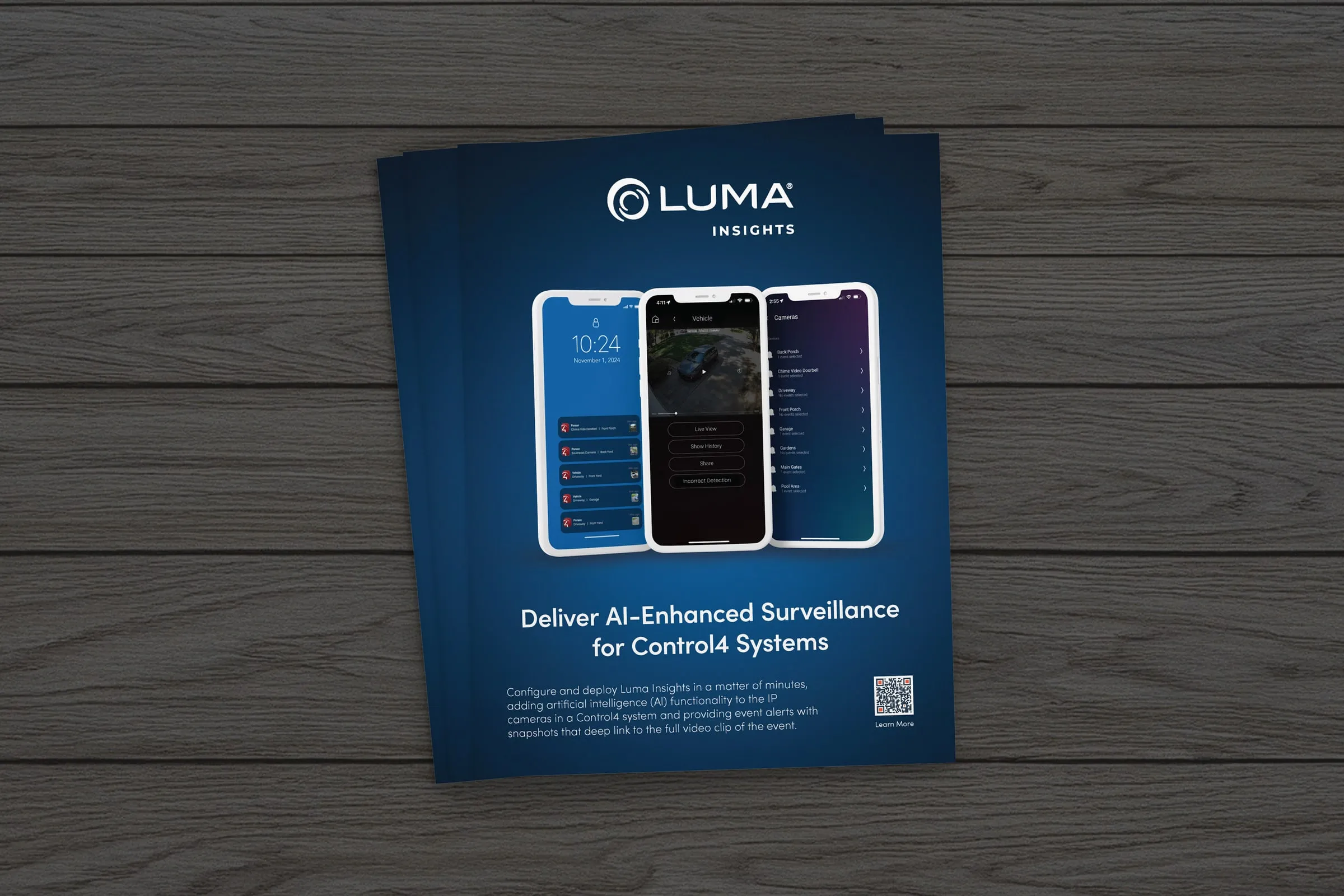 Luma flyer: "Deliver AI-Enhanced Surveillance for Control Systems," on a wooden table