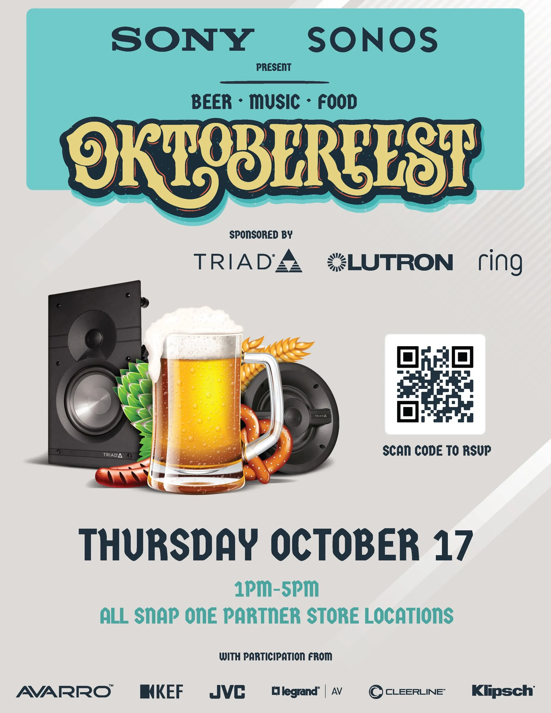 Oktoberfest event flyer sponsored by Sony, Sonos, Triad, Lutron, and Ring