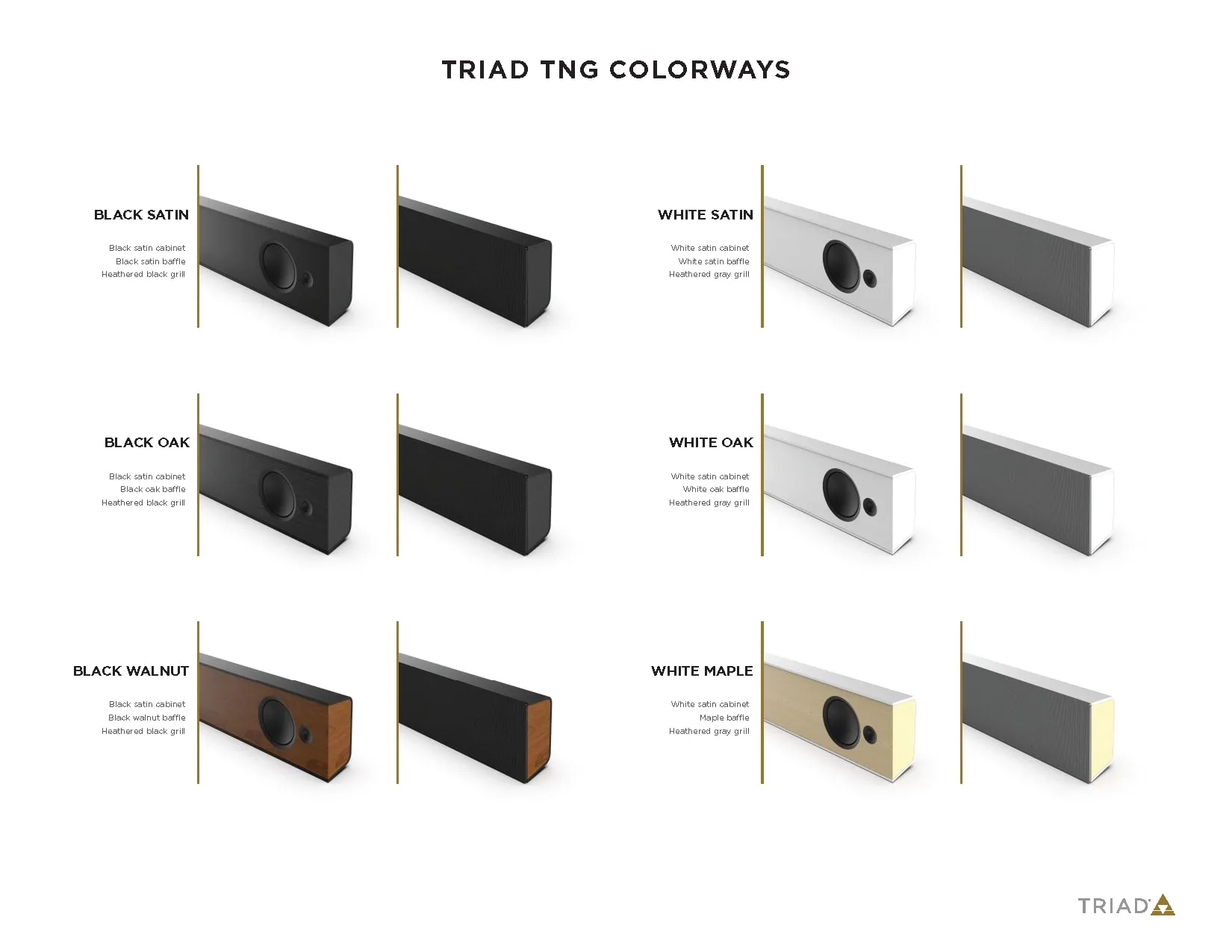 Triad colorways sheet showing speaker finishes