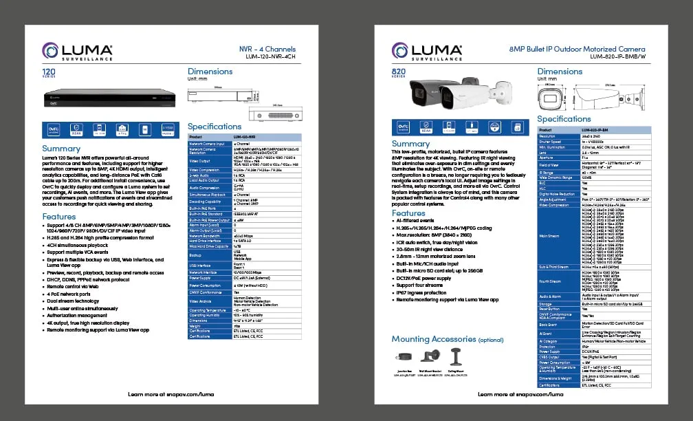 Set of four Luma camera cut sheets with blue specification panels