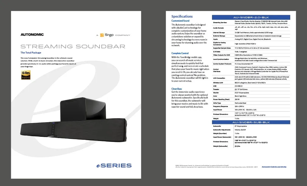 Episode rock speaker cut sheet: "Discreet Outdoor Audio," with specifications page