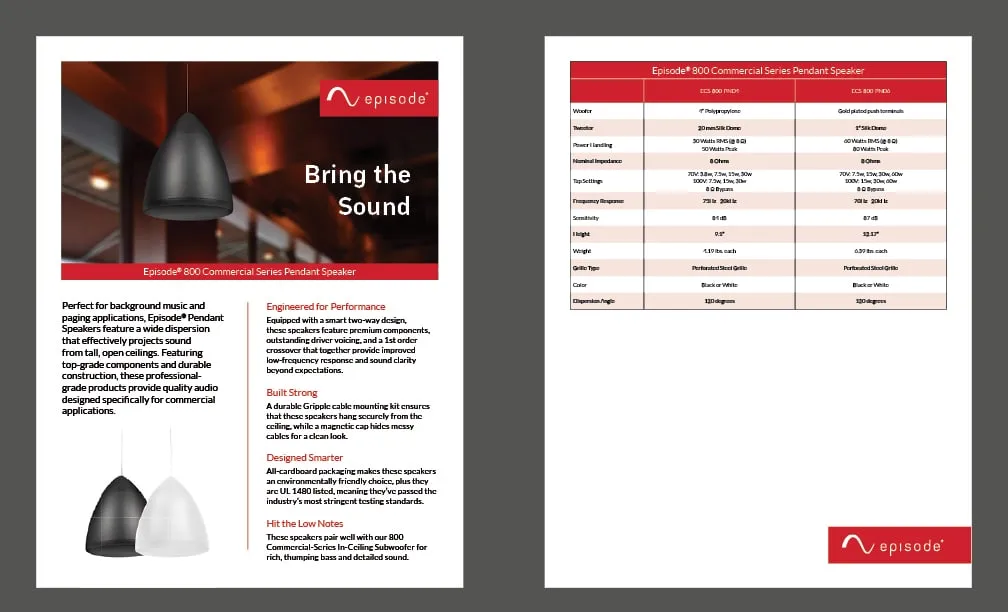 Episode subwoofer cut sheet: "Real Performance for the Real World," with specifications page