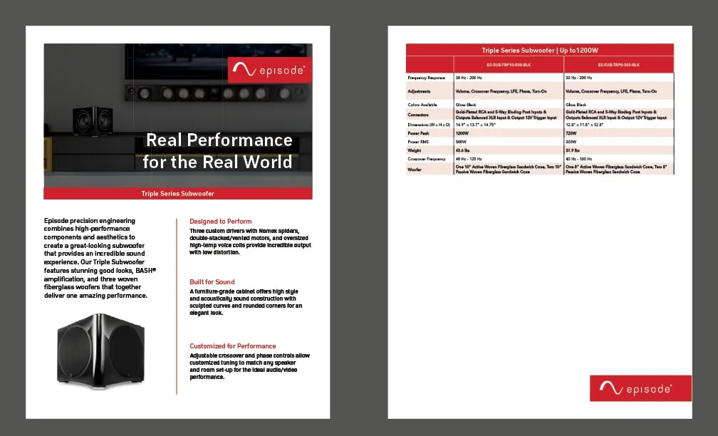 Episode Terrain cut sheet: "Great sound for the great outdoors," with specifications page