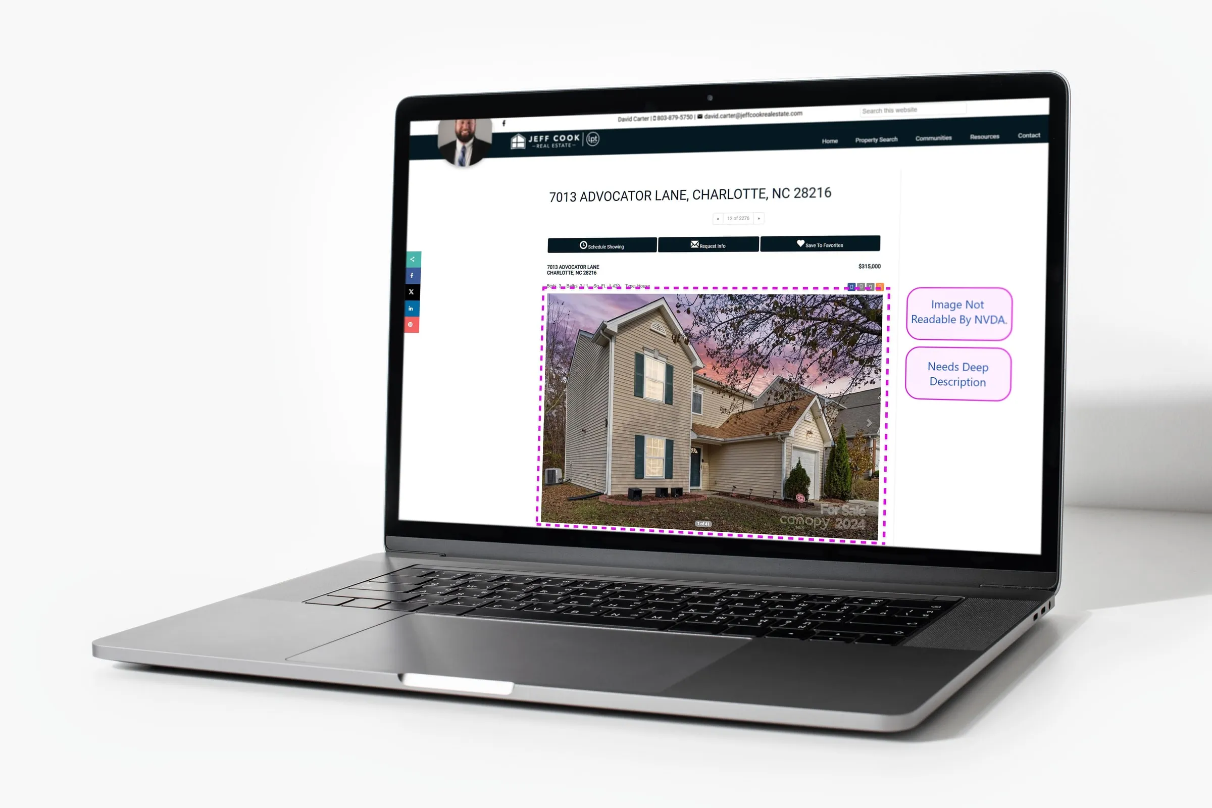 Carter real estate website shown on a laptop, with audit callouts in pink