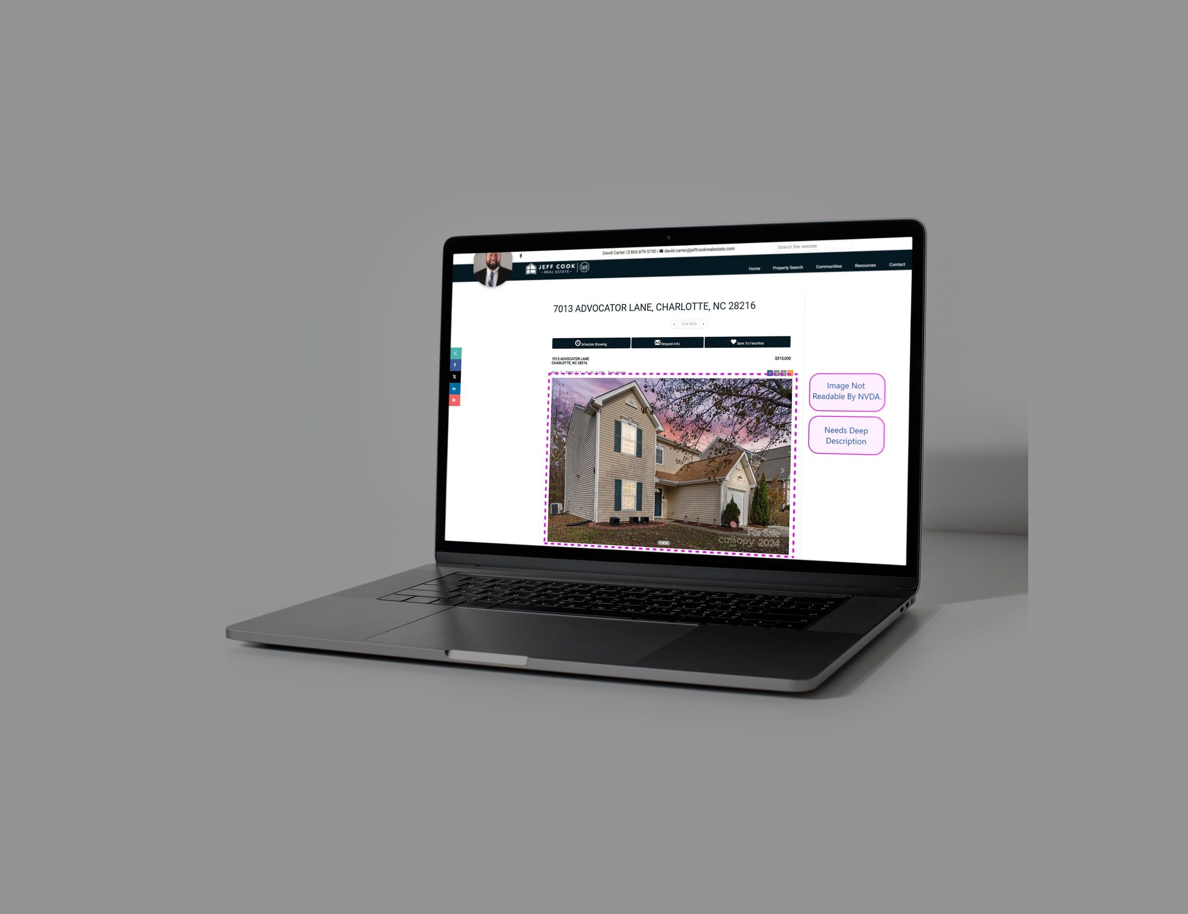 Carter real estate home page on a laptop, angled view