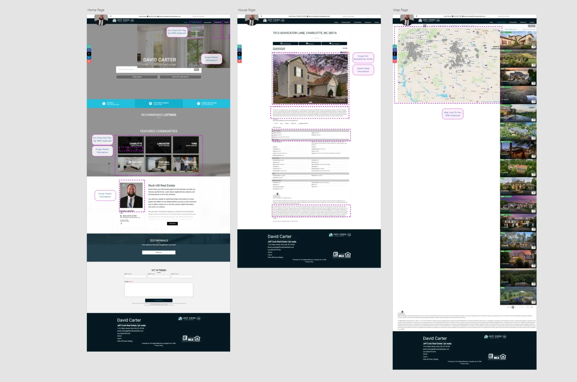 Full-page screenshots of the Carter real estate site used during the screen reader test