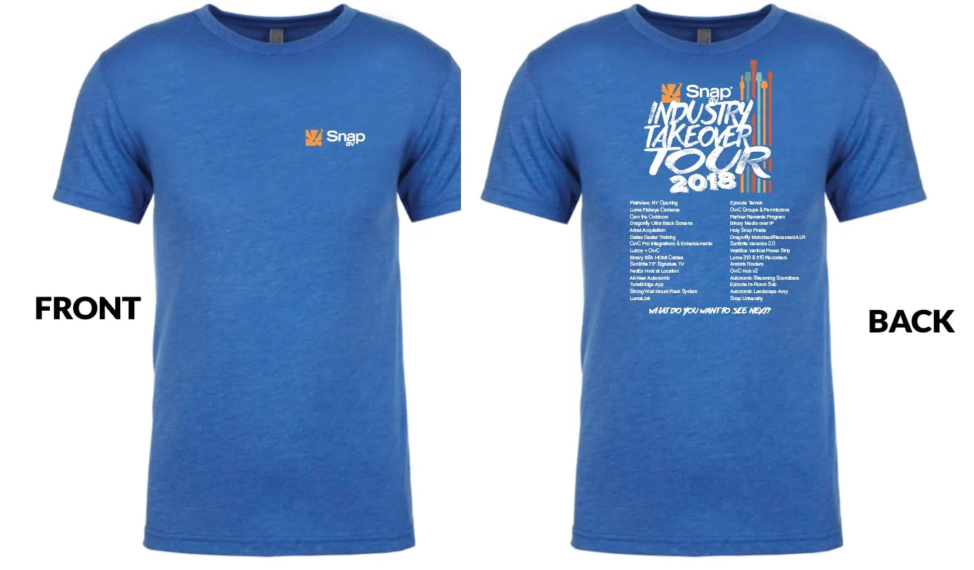 Front and back of a blue Snap Industry Takeover Tour 2018 T-shirt