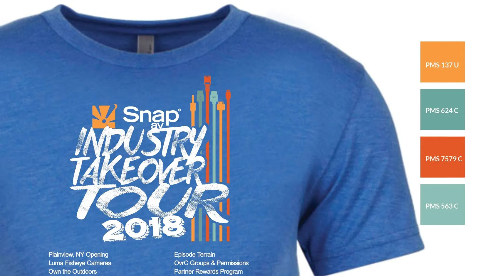 Close view of the Snap Industry Takeover Tour 2018 shirt graphic with color swatches