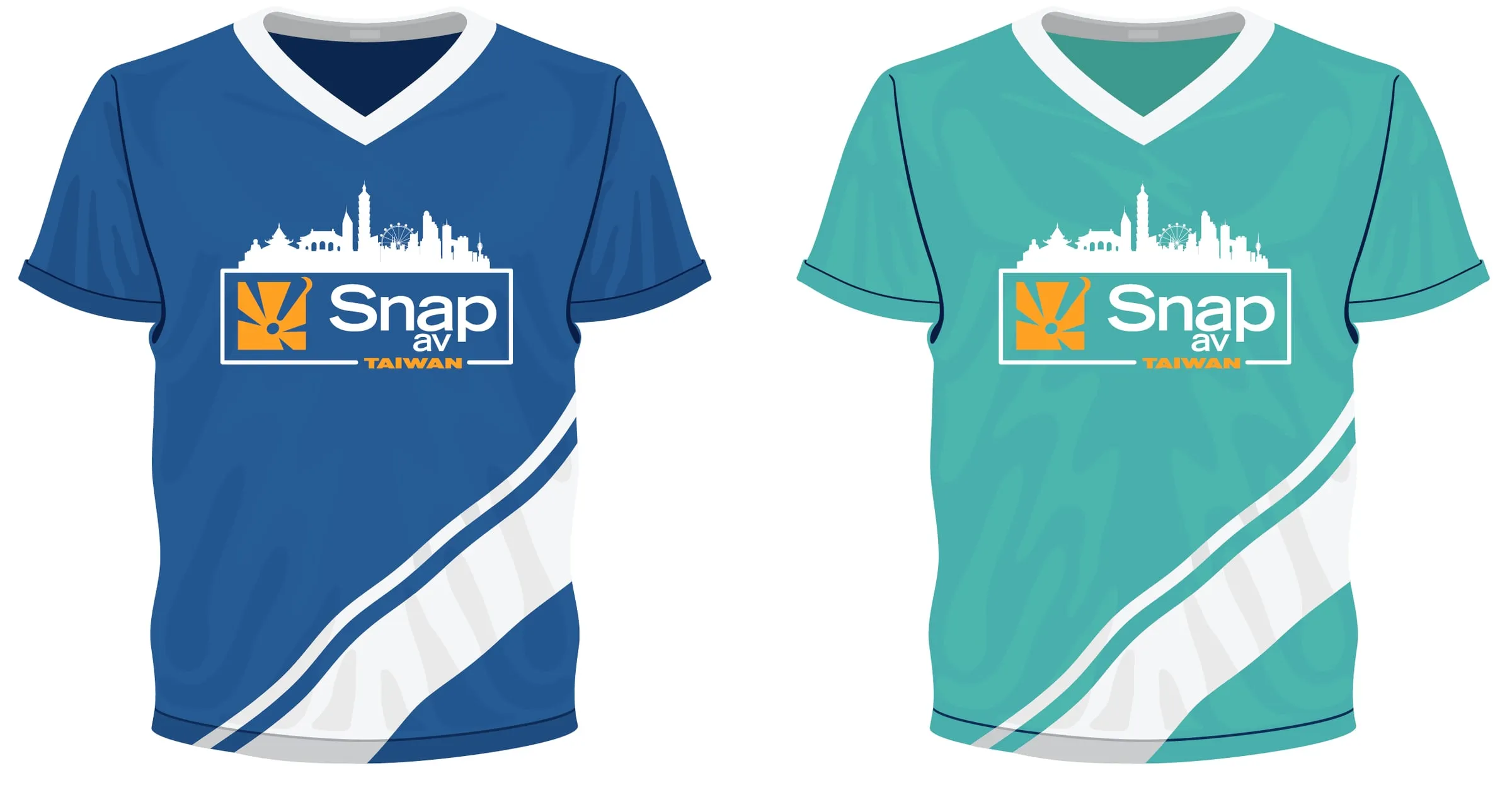 Blue and teal Snap jerseys with a city skyline graphic
