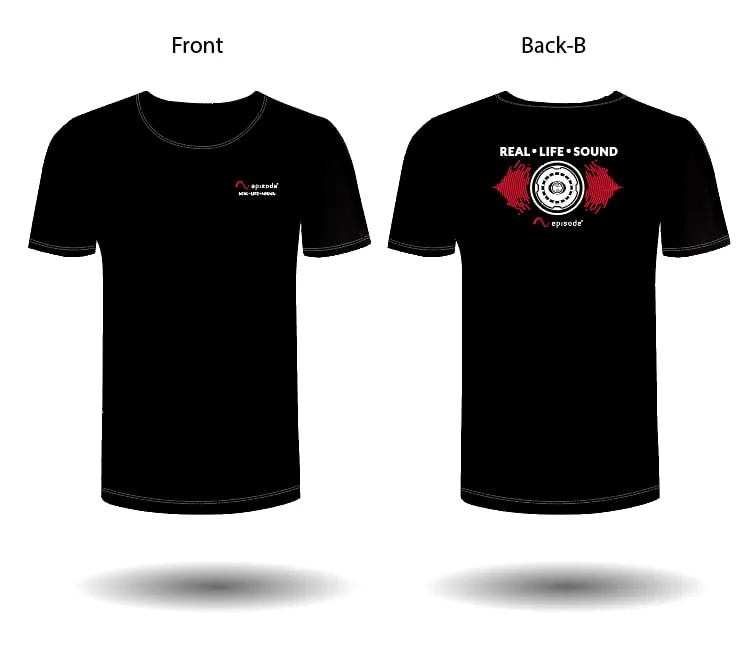 Front and back of a black Episode "Real Life Sound" T-shirt