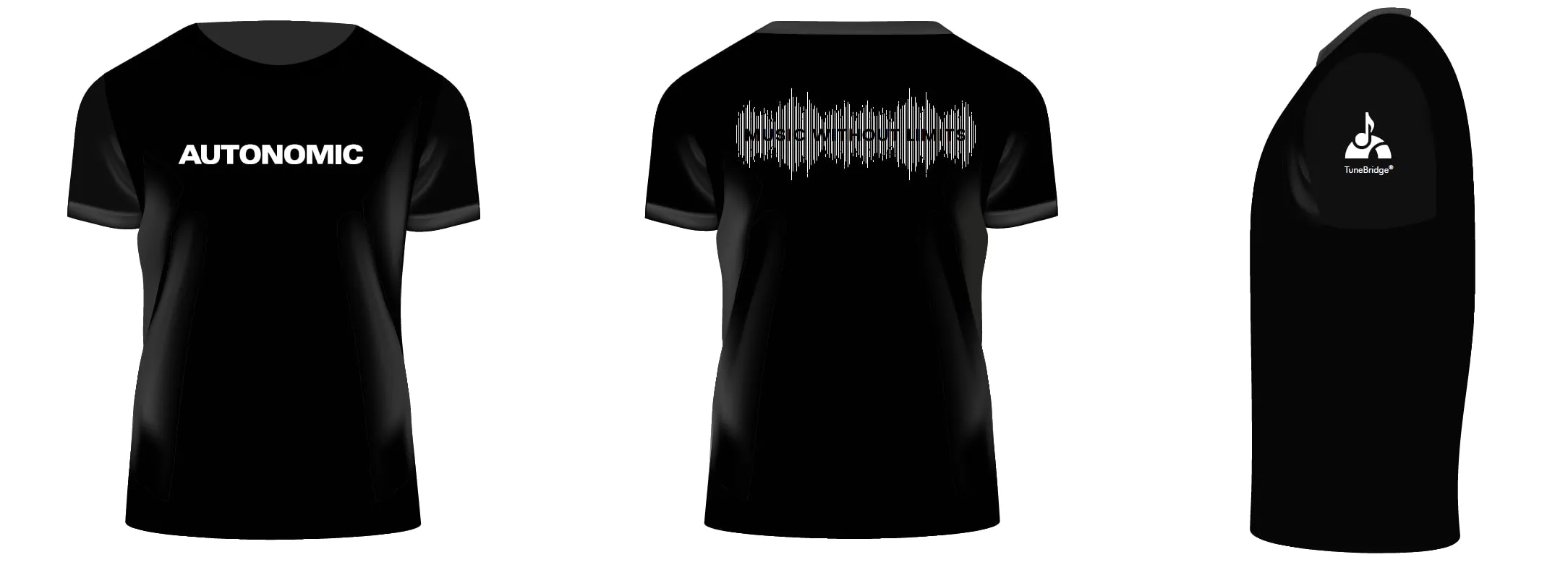 Front, back, and sleeve of a black Autonomic T-shirt