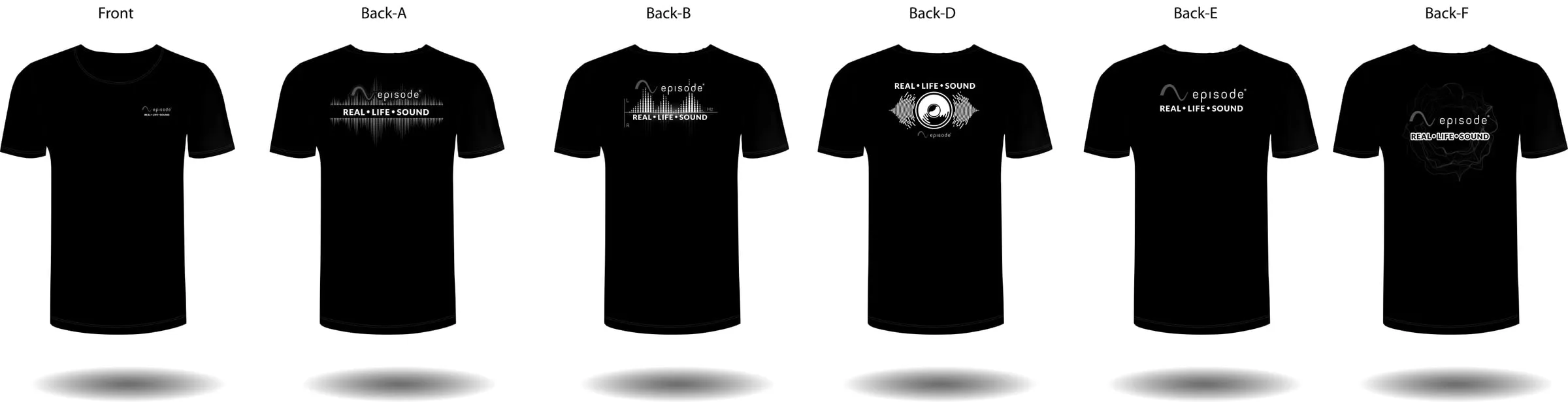 Six black T-shirt design options in a row