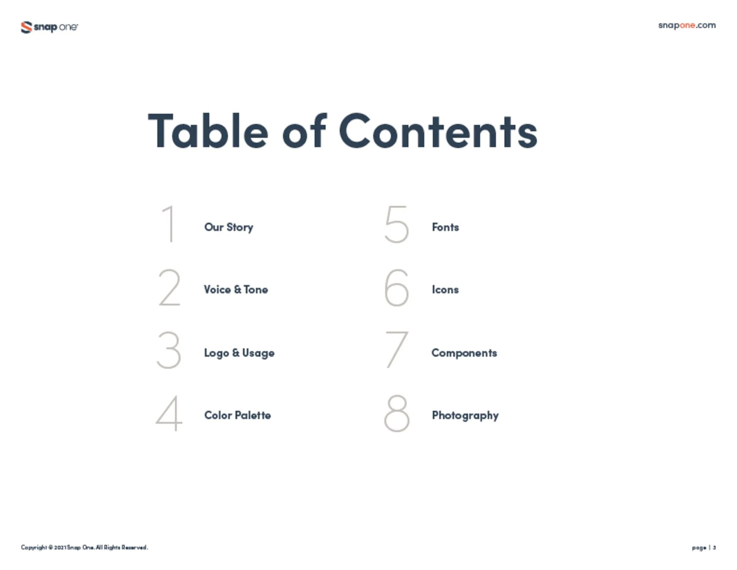 Brand book table of contents listing eight sections