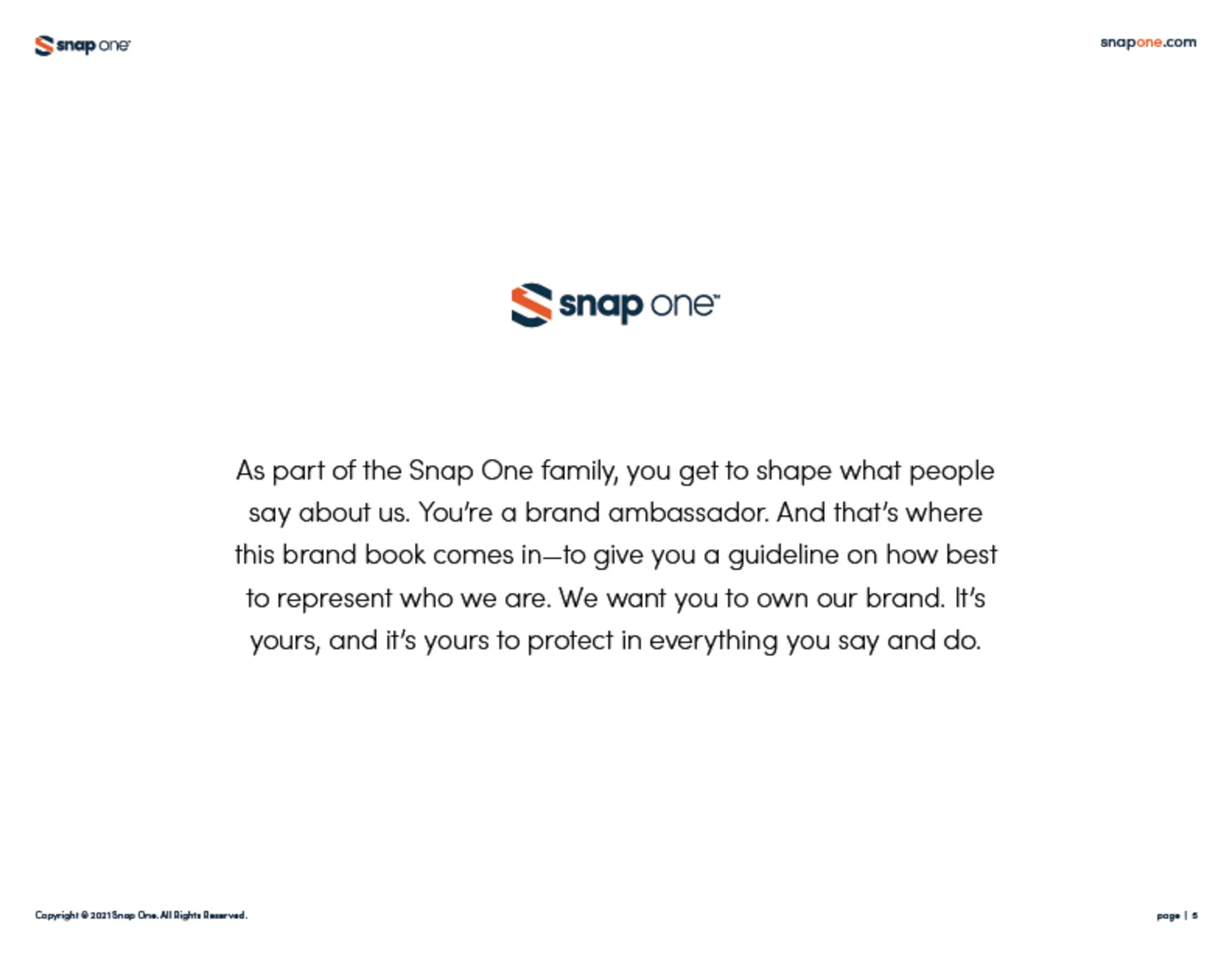 Brand book page introducing the Snap One family and the purpose of the guidelines