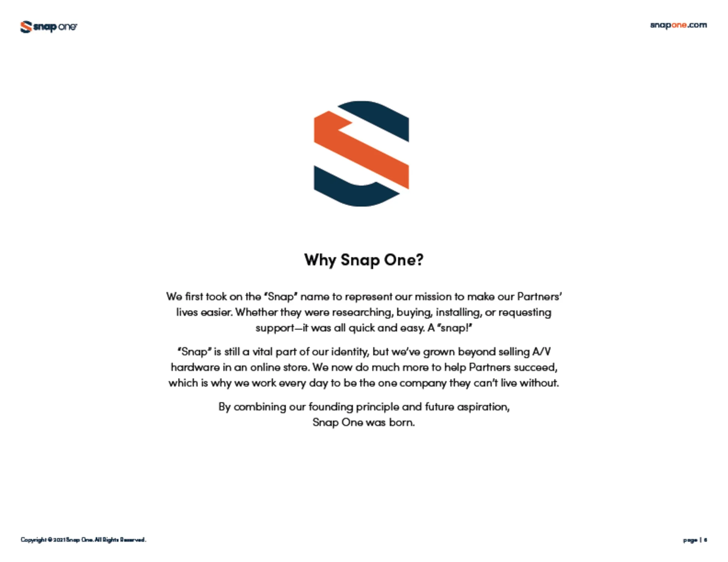 Brand book page "Why Snap One?" with the stacked S logo mark