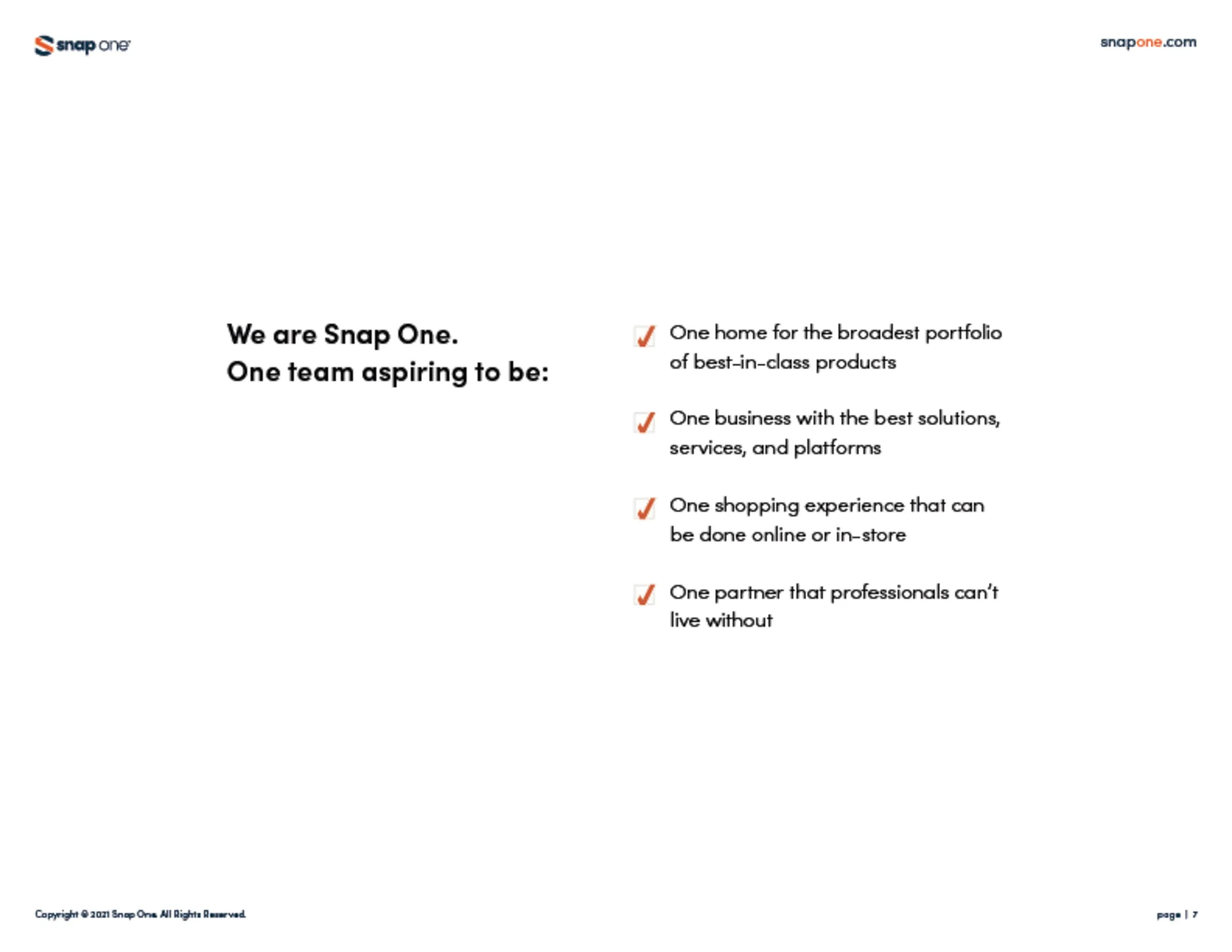 Brand book page "We are Snap One. One team aspiring to be" with four brand promises