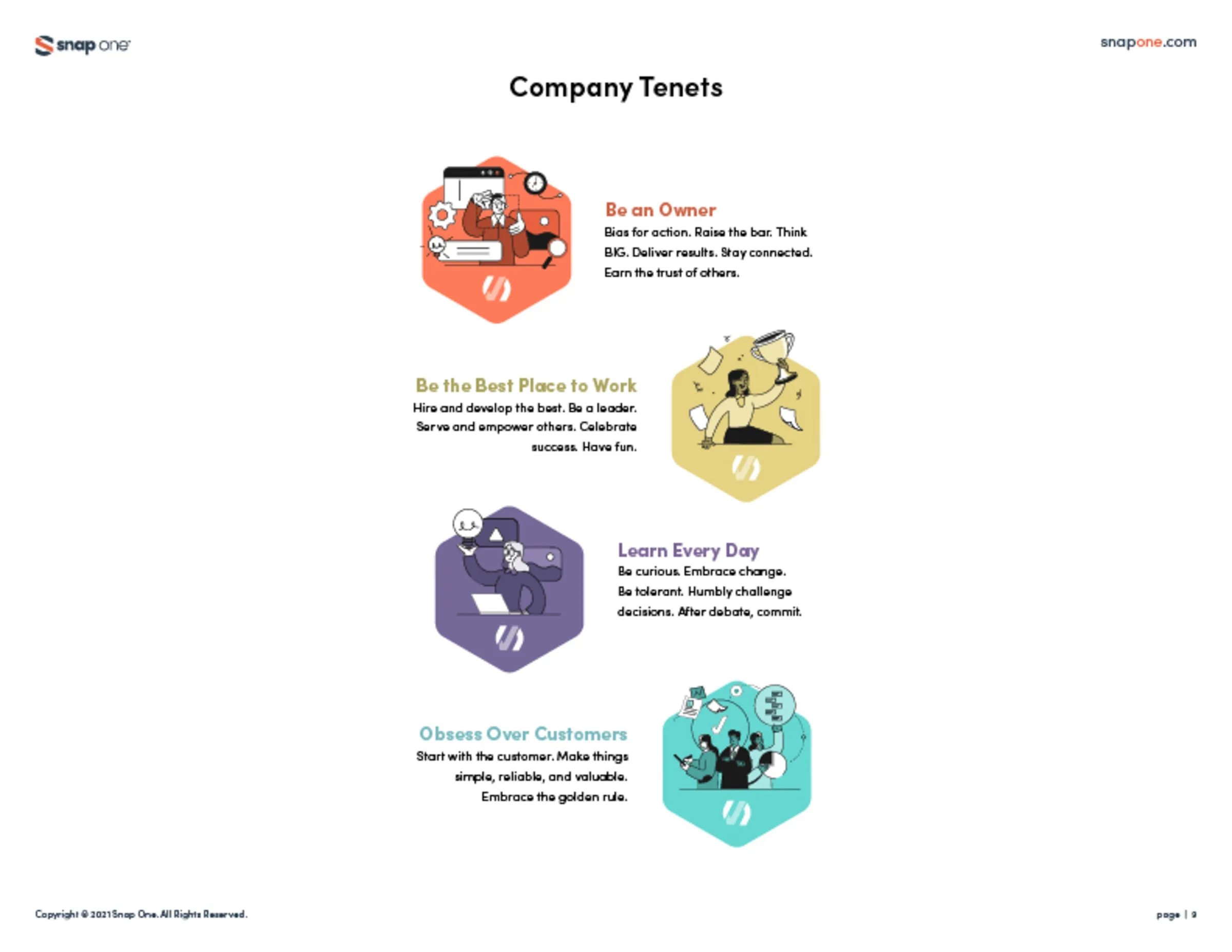 Brand book page of company tenets with illustrated hexagon icons